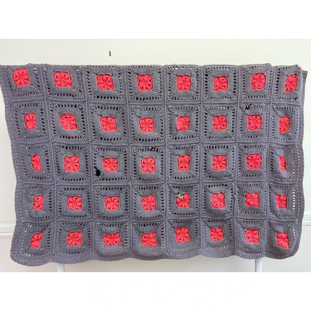 FLAWED Crochet Granny Square Blanket Purple 3D Pink Roses Handmade Cottagecore
